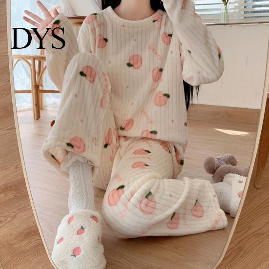 Lady Loungewear 2 Pcs/Set Women Winter Pajamas Set Round Neck Cartoon Bear And Peach Pattern Cozy Long Sleeve Coral Fleece Homewear Top Pants
