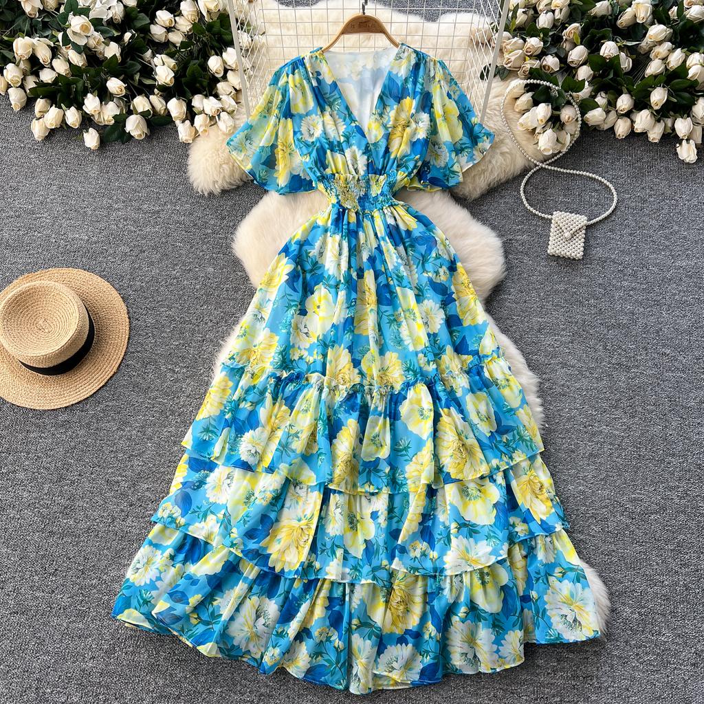 Retro V-Ausschnitt Schmetterlingsärmel Druck Chiffon Elegantes Sommerkleid A-Linie Schlagärmel Urlaubsdruck Damenkleider