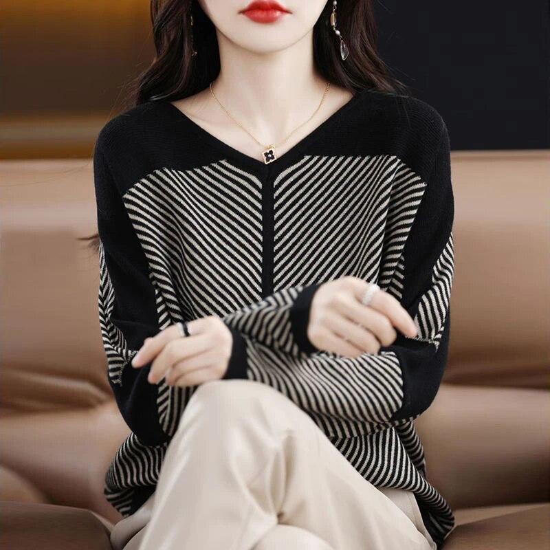 Spring Women Pullover Long Sleeve V Neck Striped Loose Office Lady Korean Style Print Lively Popularity T-Shirts