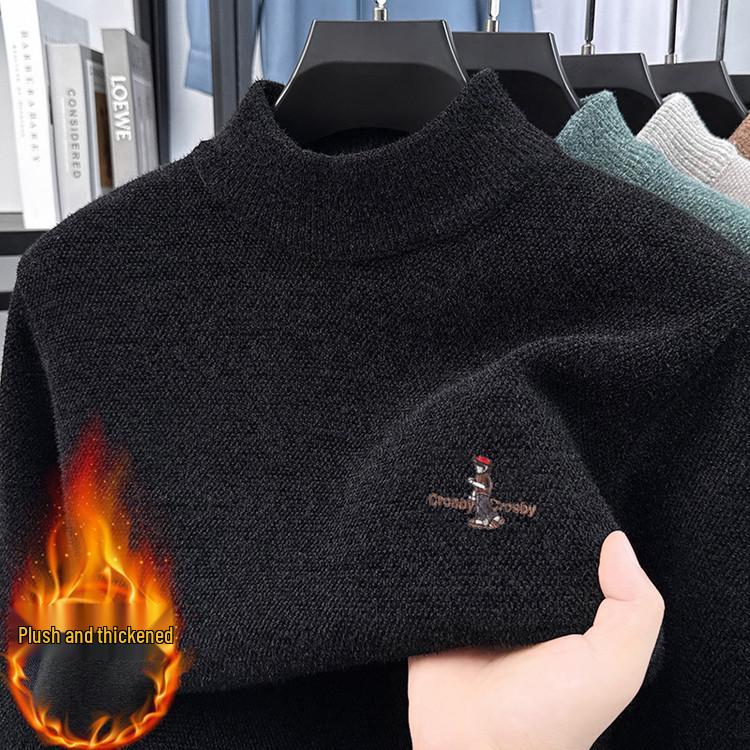 Men's Fleece-Lined Knit Sweater with Half-High Collar and Integrated Fleece Inner Warm Top 