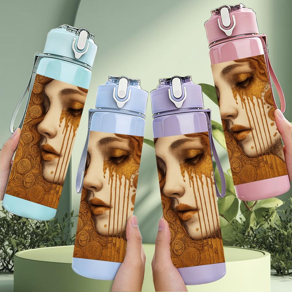 1PC Vintage Lady Face Art Pattern 750ml Color Plastic Sports Water Bottle Leakproof Flip Straw Lid Suitable for Sports Office Home Use