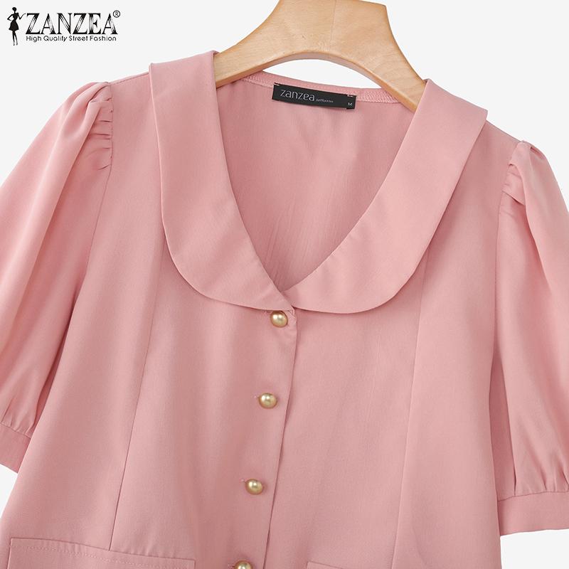 ZANZEA Women Casual Lapel Neck Short Sleeve Solid Color Office Short Blouse