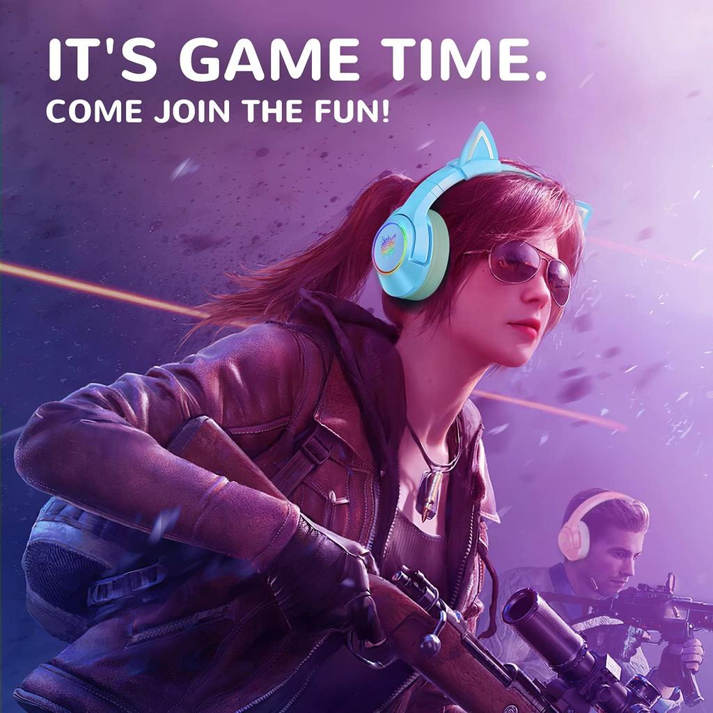 Blue Gaming Headset with Removable Cat Ears, Compatible with PC PS4 PS5 Xbox One(Adapter Not Included) Mobile Phones, with Surround Sound, RGB