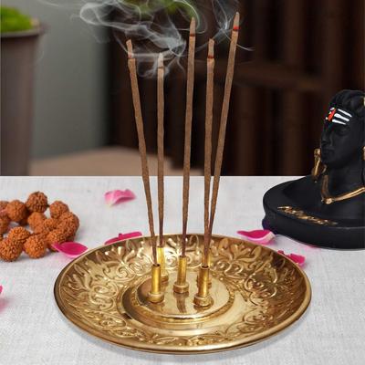 Handgefertigter Messing-Räucherstäbchenhalter – 5-fach Halter | Vintage Meditationsdeko | Messing Agarbatti Ständer für Yoga, Zuhause & Spirituellen Gebrauch (Antikes Gold)