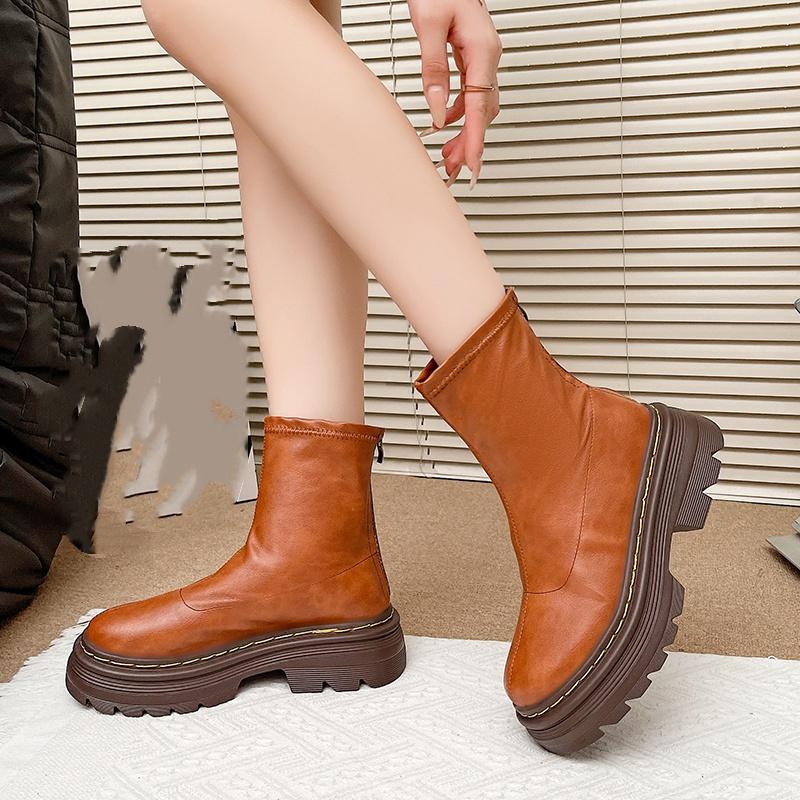 Spring/Autumn Comfortable Leather Rear Zipper Short Boots Fashion New Round Head Sexy Lace-Up Casual Walking Boots Women