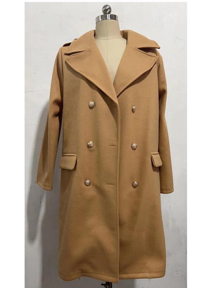 Women's Autumn/Winter Double-Breasted Long-Sleeve Woolen Coat with Simple European and American Design