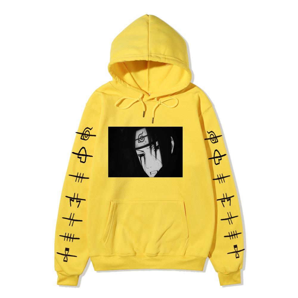 Anime Naruto Itachi Uchiha Hoodie Double Sleeve Symbol Print Character Front Print Pullover Sweatshirt Men Women Streetwear