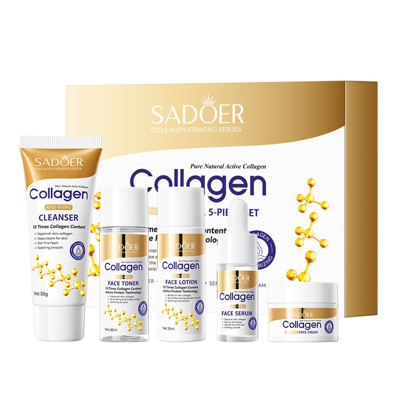 5 pezzi SADOER Set Cura della Pelle al Collagene Crema Viso Idratante Crema Occhi Siero Essenza Sbiancante Anti-Invecchiamento Kit Cura della Pelle del Viso
