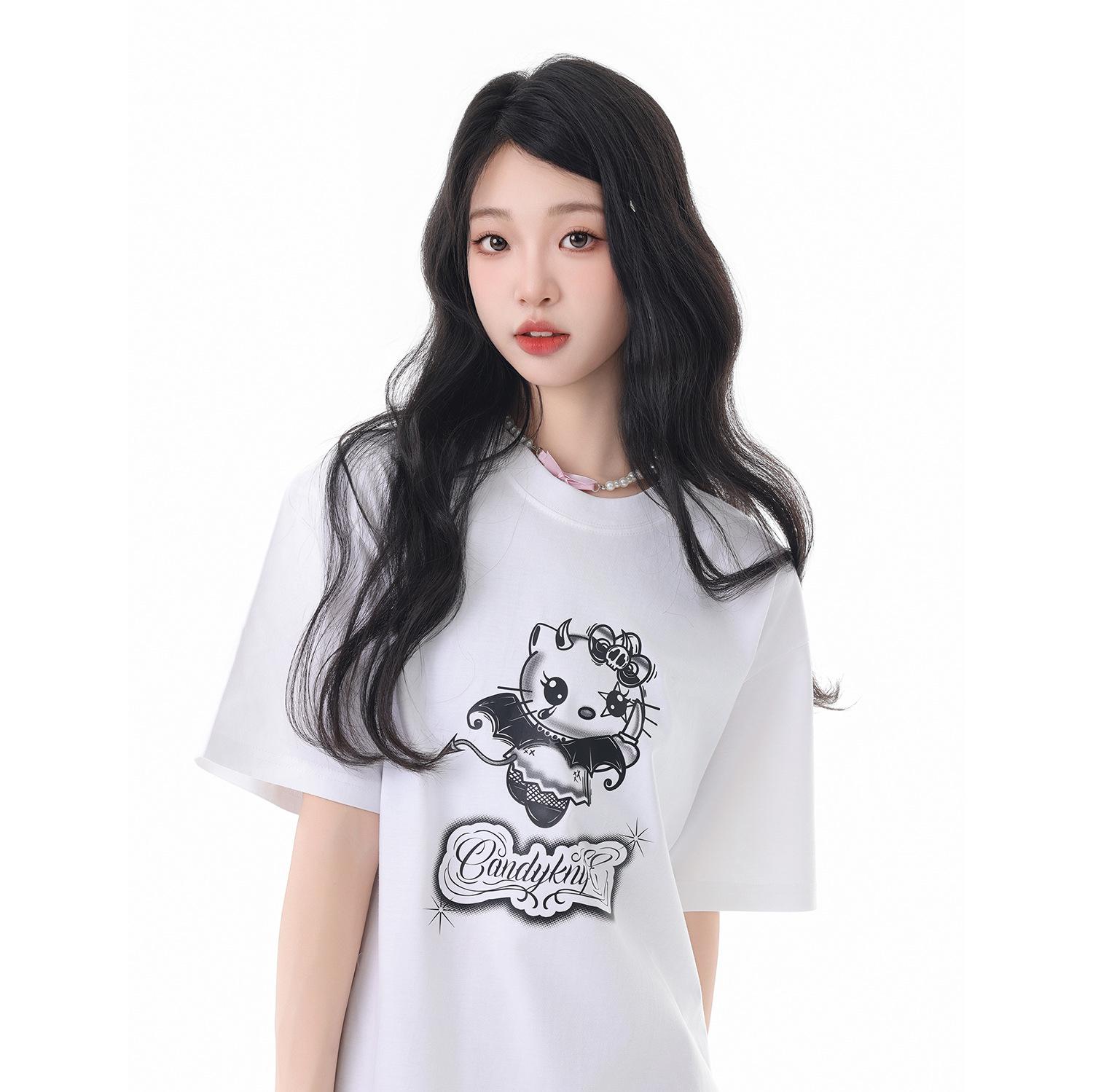 

American Retro Short Sleeve Kitten Cartoon Women s Loose Top M бежевий