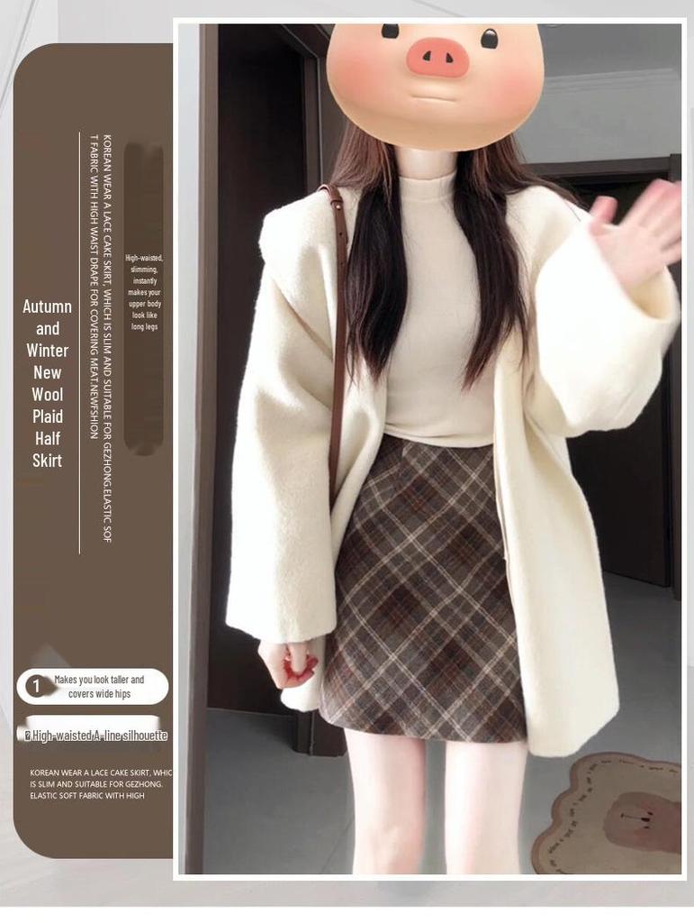 Women's High Waist Gray Plaid Woolen A-line Short Skirt - Autumn 2025 Edition