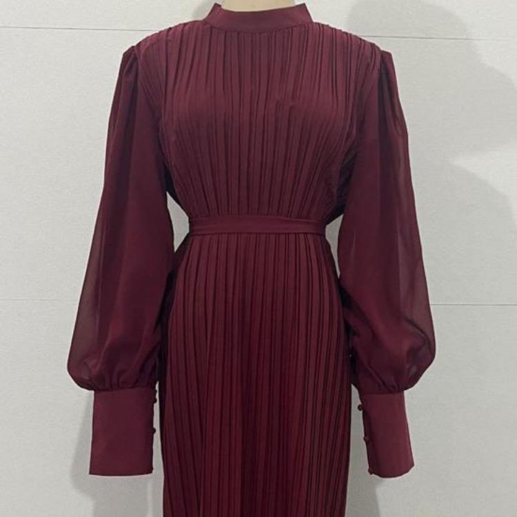 A-Line Evening Dress for Women with Pleated See-through Mesh Lantern Sleeves Stand Collar Tight Waist Ruffle Patchwork Long Maxi Dress