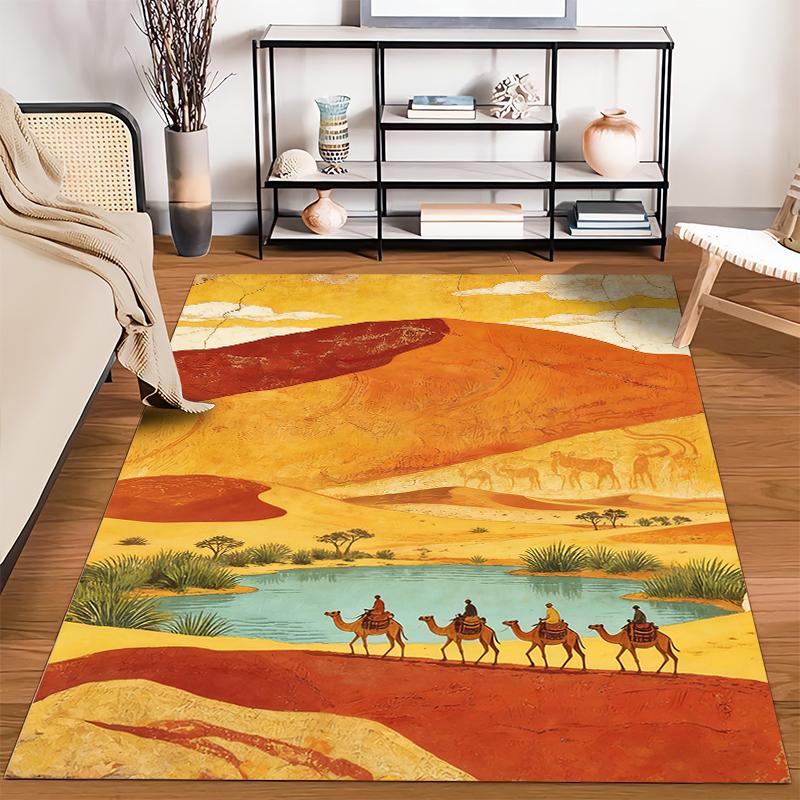 Wüstenlandschaft Teppich mit Kamelen, Lebendige Farben, Einzigartiges Design Geeignet für die Verwendung als Antirutsch für Wohnzimmer Schlafzimmer Sofas