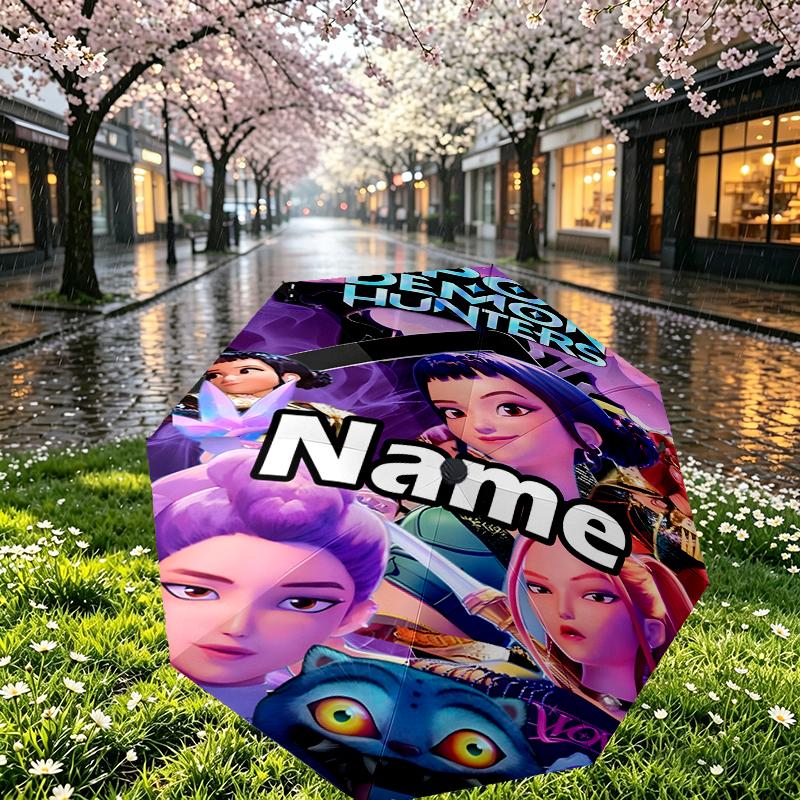 Custom Name Personalized KPop Demon Hunters Print Umbrella, Auto Open Close, 8‑Rib Sturdy Frame, Commute Camping Hiking Use, Birthday Gift