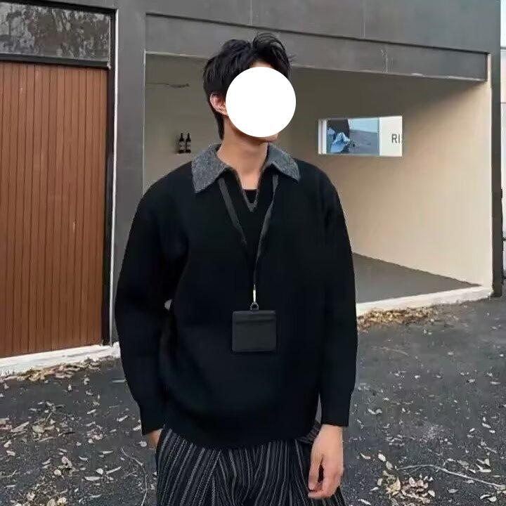 Men s Two-Piece Color-Block Lapel Knitwear: Trendy, Casual, Retro Long Sleeve Fashion 2XL