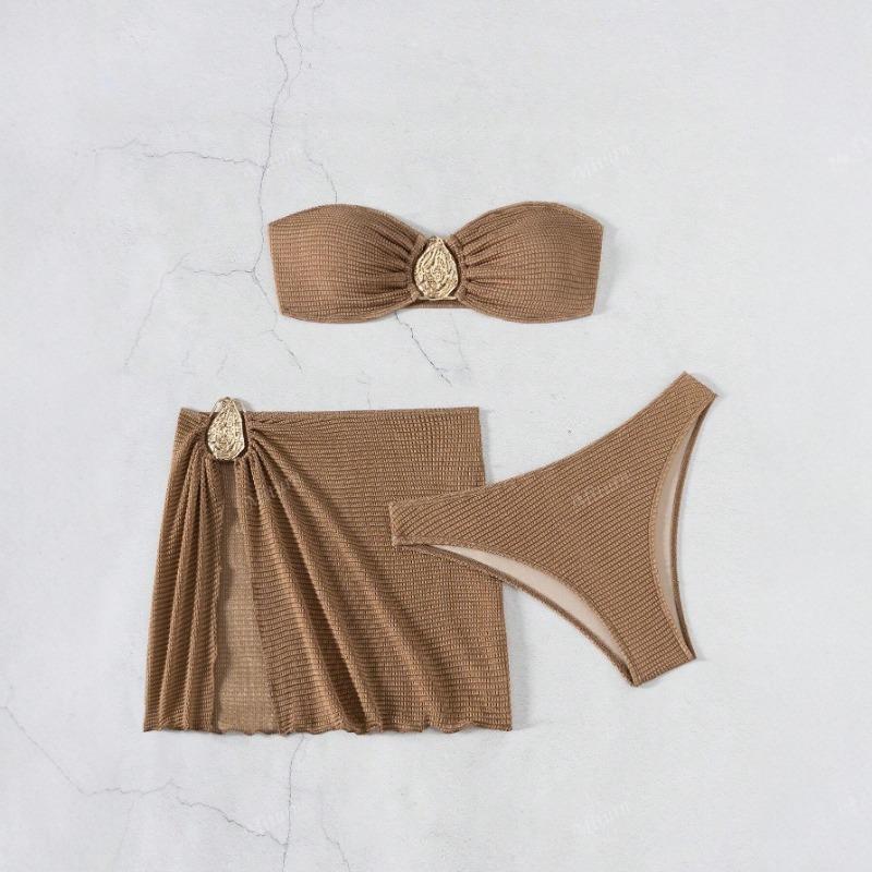 Women Three Piece Solid Skirted Split Bikini Swimsuit For Beach Hot Spring Vacation S