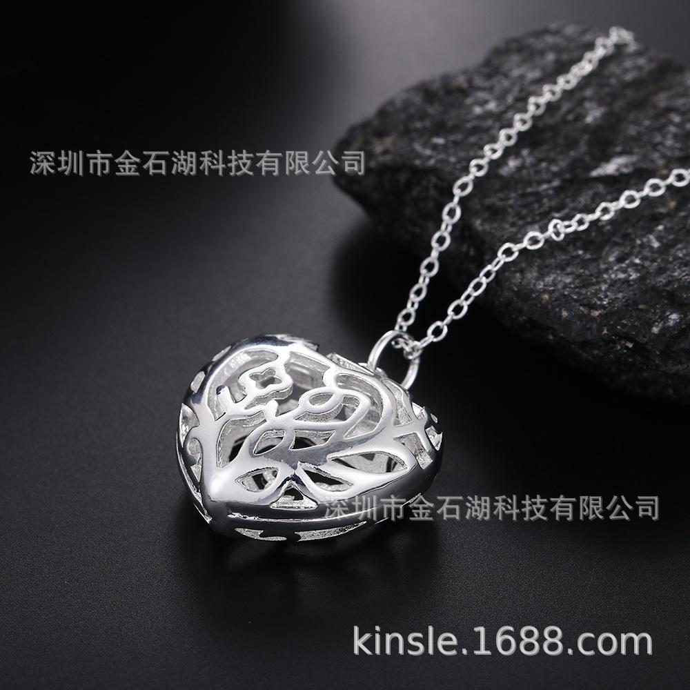 Retro Silver Hollow Heart Pendant Necklace with Thin Chain