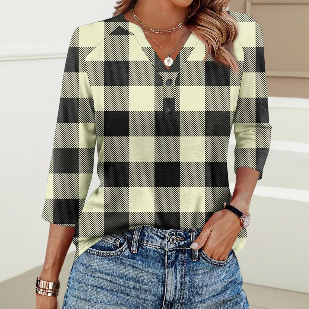 Damenmode Lässig Bedrucktes V-Ausschnitt Knopf Dreiviertelarm T-Shirt Raglanärmel Top