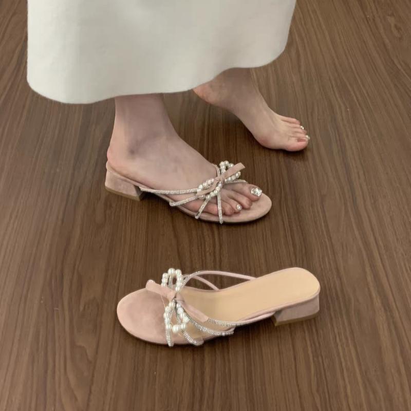 Fashion Crystal Beaded Women's Sandals Luxury Slippers Woman Shoes 2025 Summer Brand Chunky Dress Shoes Open Toe Flip Flops Mujer Slides