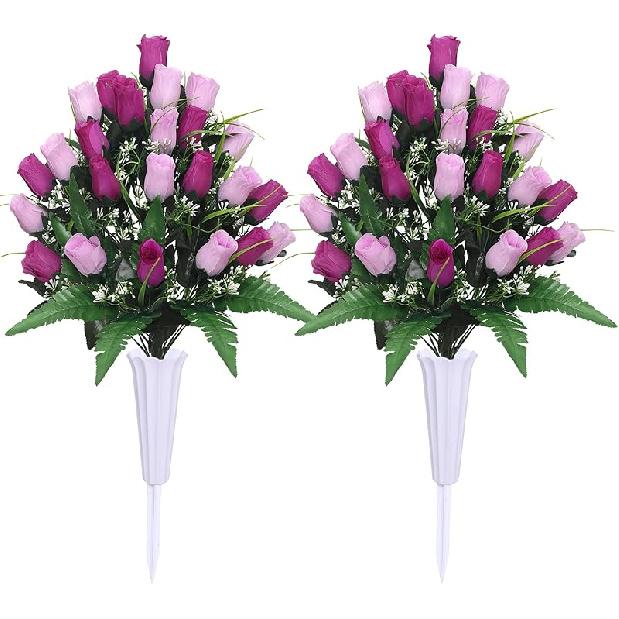Lodou Artificial Cemetery Flowers,Outdoor Grave Decorations Roses,Arrangements Bouquet with Cemetery Vase, Silk Flowers for Long-Lasting Remembrance