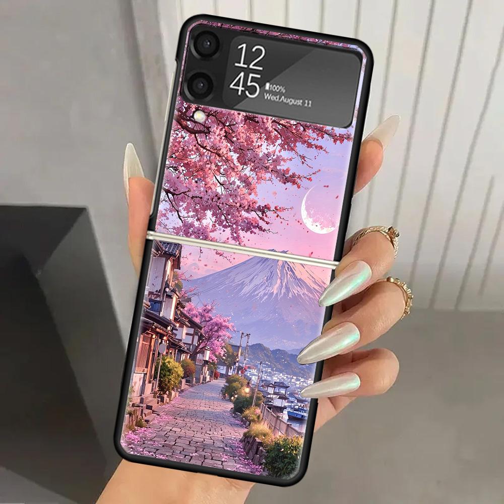 Japanese Cherry Mount Fuji Hard PC Phone Case For Samsung Galaxy Z Flip 7 6 5 4 3 Black ZFlip7 ZFlip6 Flip5 Flip4 Flip3 5G Print