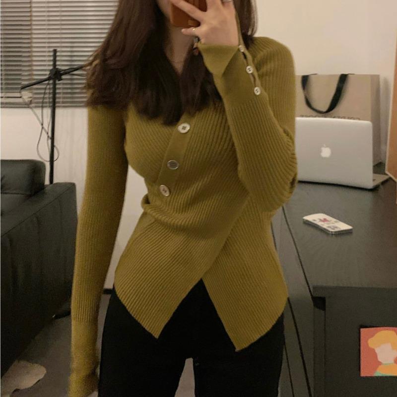 Autumn Long Sleeve Casual V-neck Pullovers Sweaters Women Chic Cross Slim Fit Women's Knitted Sweater Tops Elegant Solid Fashion Winter Jumpers 25667