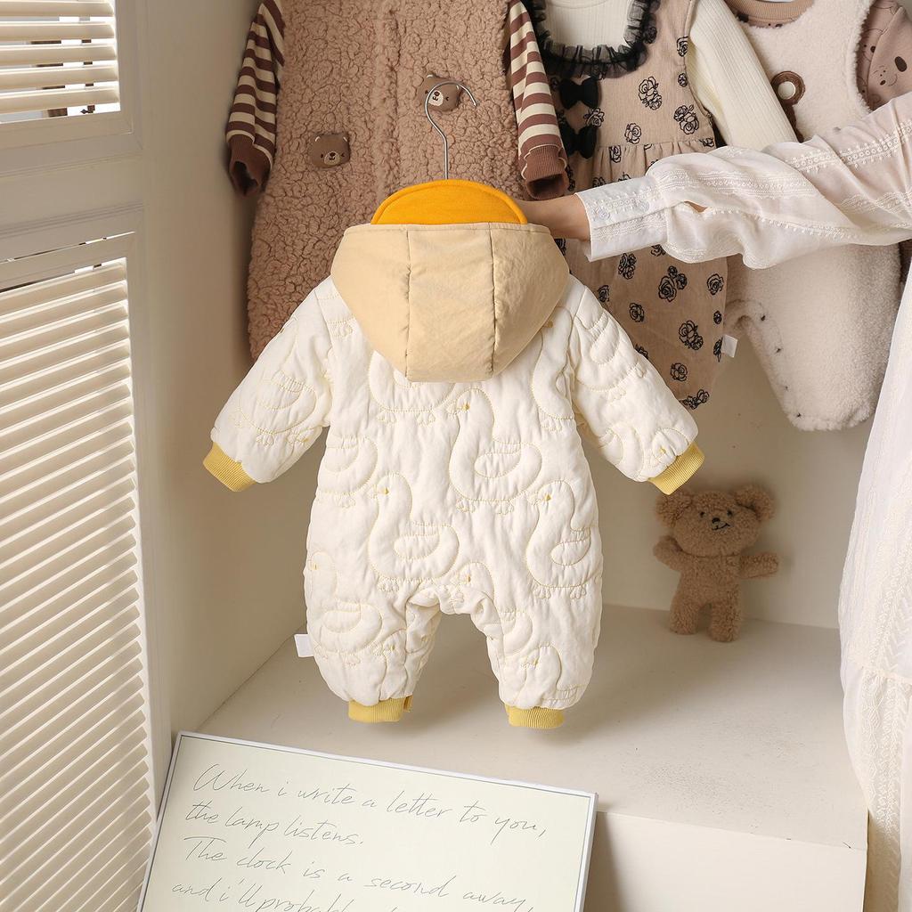 Cozy Fleece-Lined Winter Hooded Romper for Baby Boys & Girls - Thick Outdoor Wear for Infants