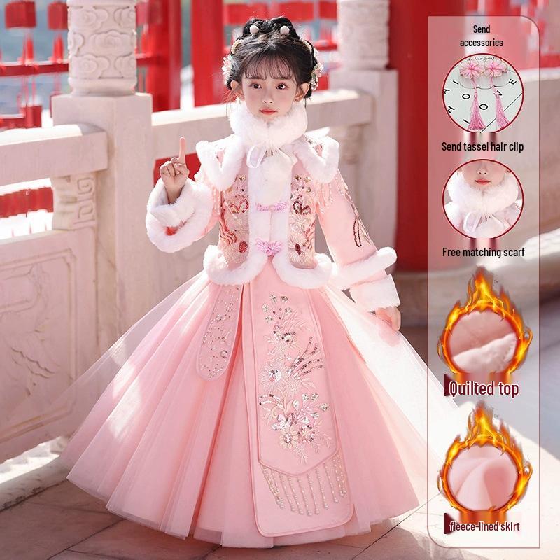 Girls' Velvet Hanfu Winter Outfit - Chinese New Year 2025 Tang Suit Costume