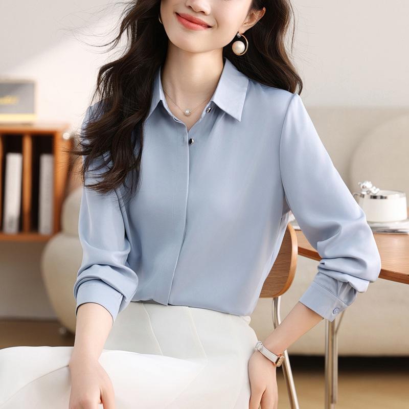 

Женская белая рубашка из ацетатного сатина с длинным рукавом - Осень 2025, устойчивая к сминанию, универсальная и драпированная для профессиональной носки 2XL синий