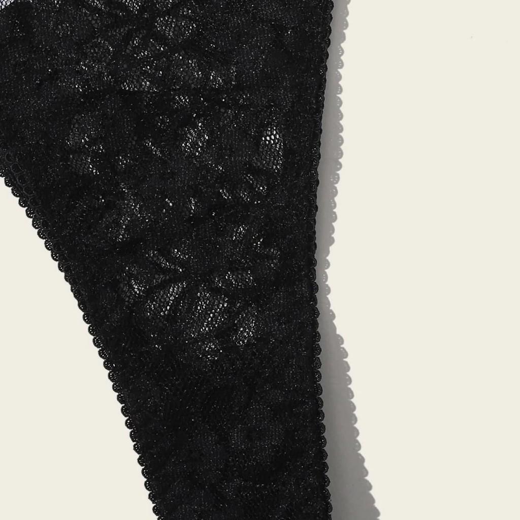 Nytt Kvinner Plus Size Blondeundertøy BH+Thong Undertøysett Svart natttøy