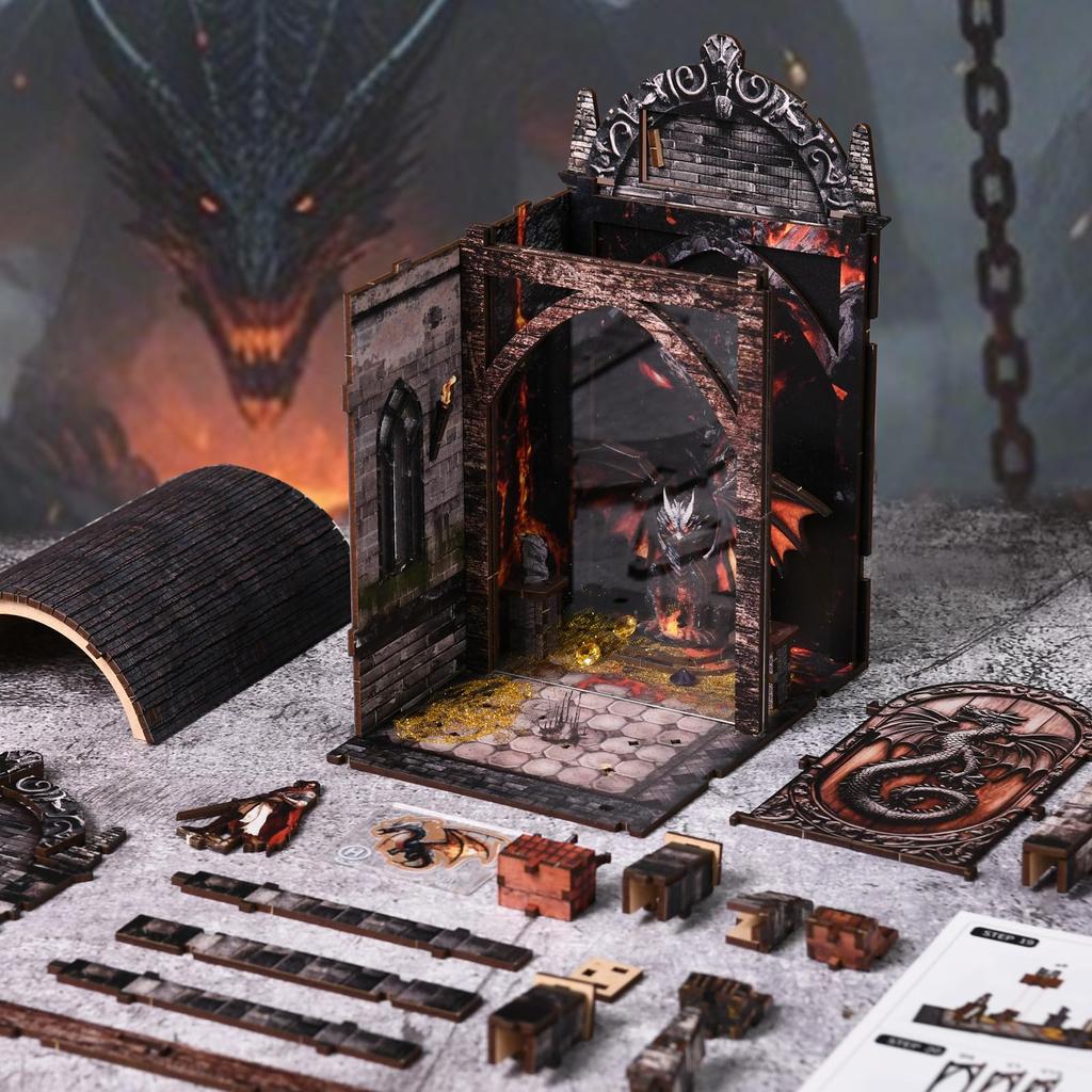 CRESYMME Dragon's Trove Book Nook Kit 3D Wooden Miniature Dollhouse DIY Hobby Craft with LED Light Handmade Bookshelf Insert Diorama