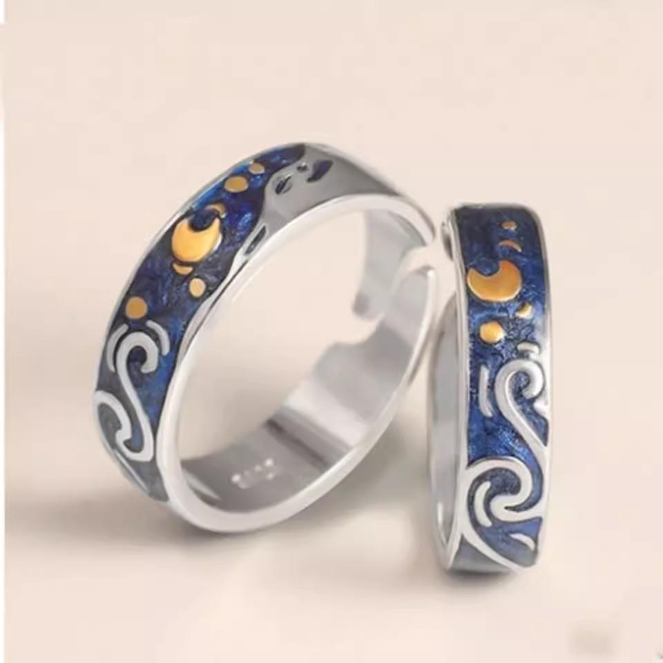 S Couple Van Gogh Night Open Rings For Women Men Simple Fashion Design Copper Color Lovers Blue Starry Sky Ring Party Jewelry