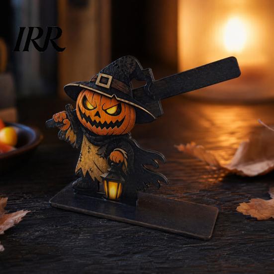 Festive Table Decor Halloween Sign, Spooky Ghost Grim Reaper Black Cat Pumpkin Scarecrow Realistic Patterns Wooden Tabletop Centerpiece for