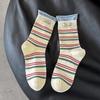 Color-blocking Striped Mid-calf Socks, Autumn Trend, Letter-label, Double-seam, Rolled-up, Pile Socks, Boneless