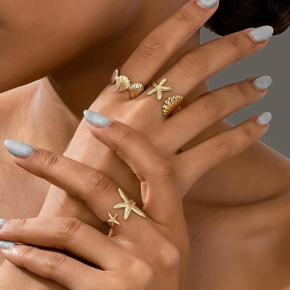 Beach Starfish Shell Style Women'S Alloy Ring Adjustable Opening Zircon Three Piece Set Summer Vacation Party Accessories