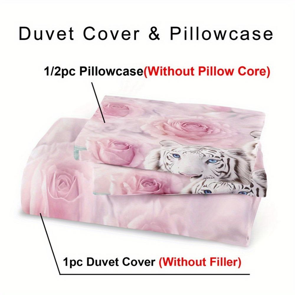 3pcs Pink Bedding Set Rose Flowers Tiger 3D Printed Cozy Soft Duvet Cover King Queen Twin Size Birthday Gift Adult Bedroom Decor