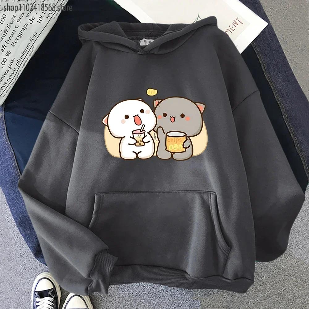 Mochi Peach Cat Hoodies Kawaii Clothing Bubble Tea Graphic Sweatshirts Harajuku Casual Camisetas De Muje Tops Women