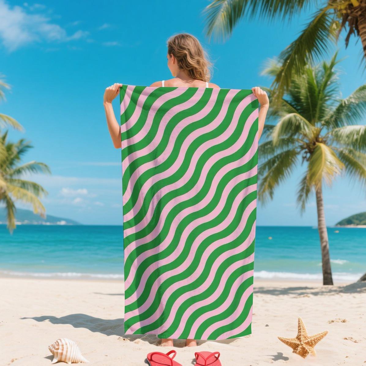 

Pink White Striped Beach Towel Good Night Print Polyester Bath Towel Oversized Quick Dry Sand Free Summer Pool Vacation Blanket W30*H60(CM)