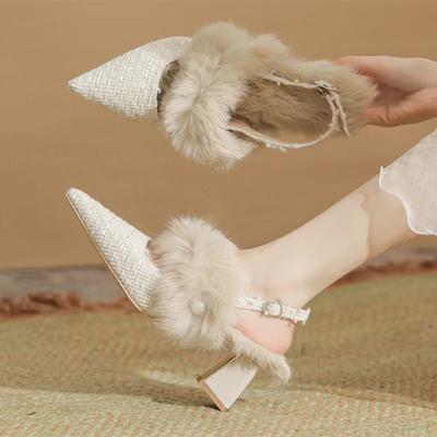 Mode Mode Winter Pelzig Warm Sandalen Damen 2025 Sexy Spitz Zehenbereich Klobiger Absatz Damen Pumps Luxus Markendesign Elegant Hohe Absätze