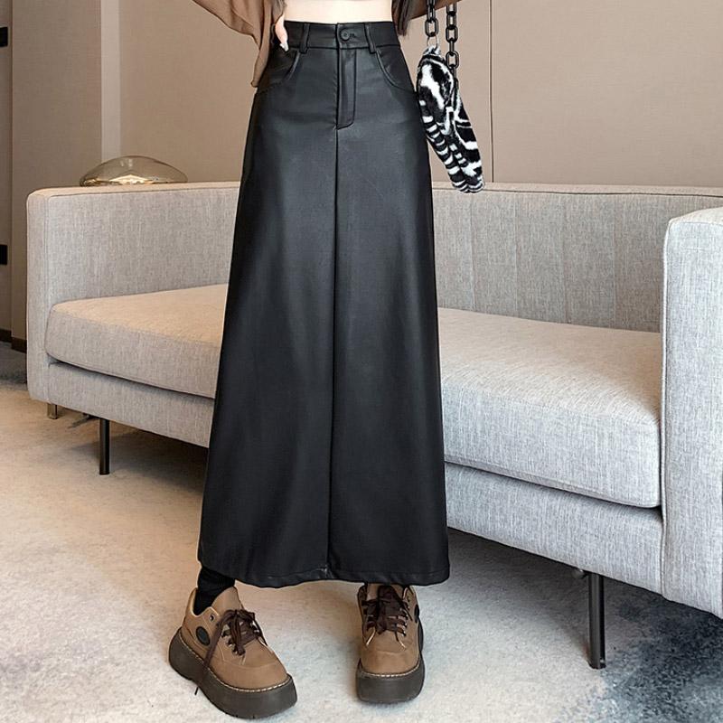 A-line Slit Leather Skirt for Women Autumn Winter High-waisted Black PU Midi Skirt Black Korean Fashion Female Clothing