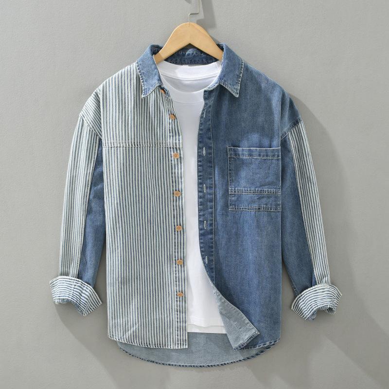 

Men S Denim Color-Block Vertical Stripe Shirt Casual Loose Fit Fashionable Long Sleeve For Spring And Autumn 3XL синій