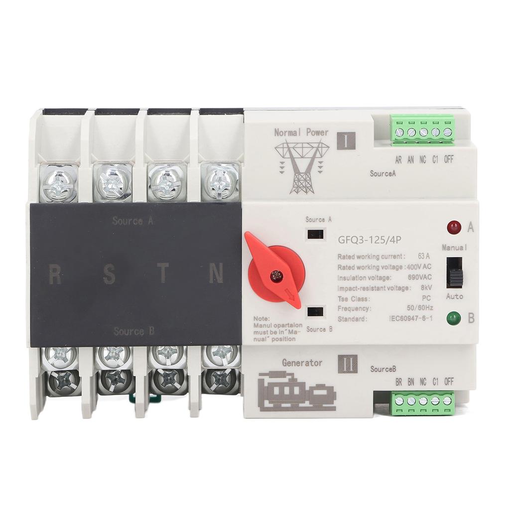 Dual Power Automatic Transfer Switch 4P Fast Switching PC AC 400V 63A for Home Factory
