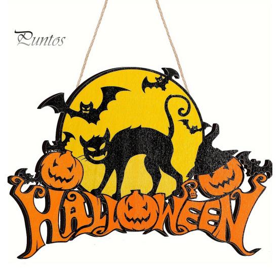 Handmade Hemp Rope Pendant Halloween Wood Door Hanger Sign, Pumpkin And Black Cat Printed, with Unique House Ornament Lanyard, Decorative Wall оранжевый