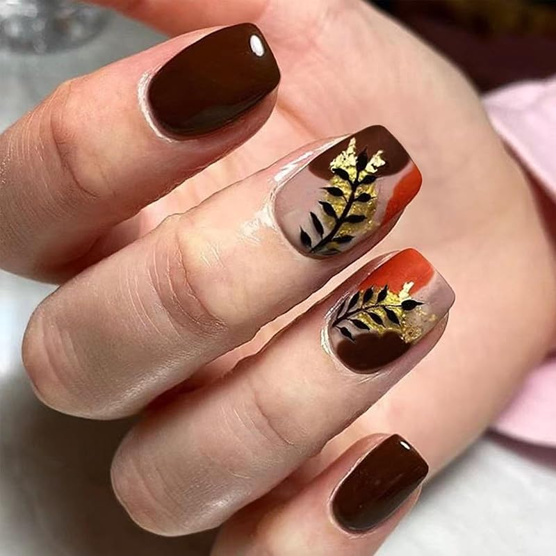 Fall Press On Nails Medium Square Fake Nails with Designs Maple Leaf Stick On Nail Thanksgiving Acrylic False Nail Bling Sequins Artificial Nail