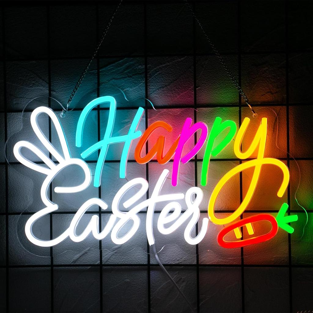 Happy Easter Neon Sign Easter Bunny Neon Light for Wall Decor, USB Powered & Dimmable LED Easter Window Lights for Kids Gifts Bedroom Party