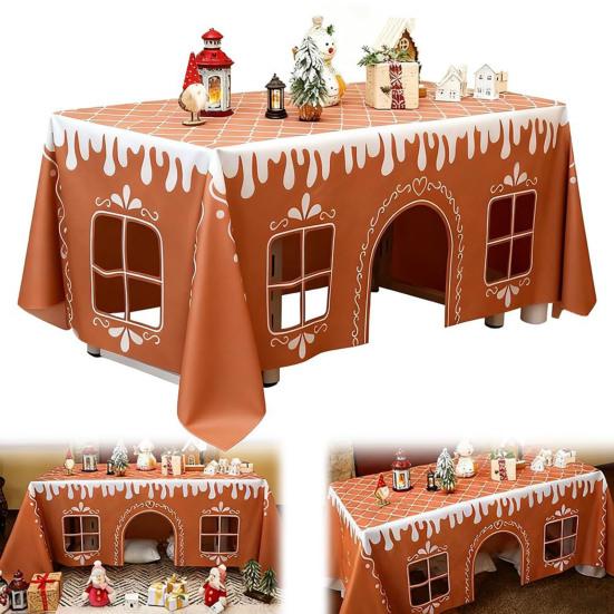 Lebkuchenhaus Weihnachts-Tischdecke Wiederverwendbar Waschbar Lebkuchen-Spielhaus Tischdecke mit verspielten Ausschnittfenstern