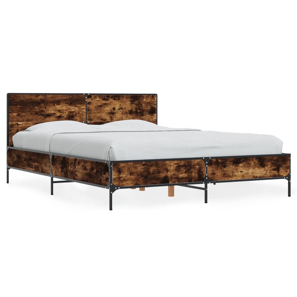 Bed Frame Smoked Oak 135x190 Cm Wood Based Panel and Metal