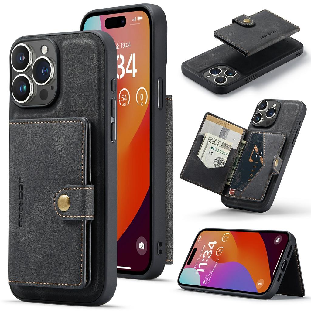 For iPhone 15 Pro Max Case Leather+TPU Phone Cover Detachable Card Bag