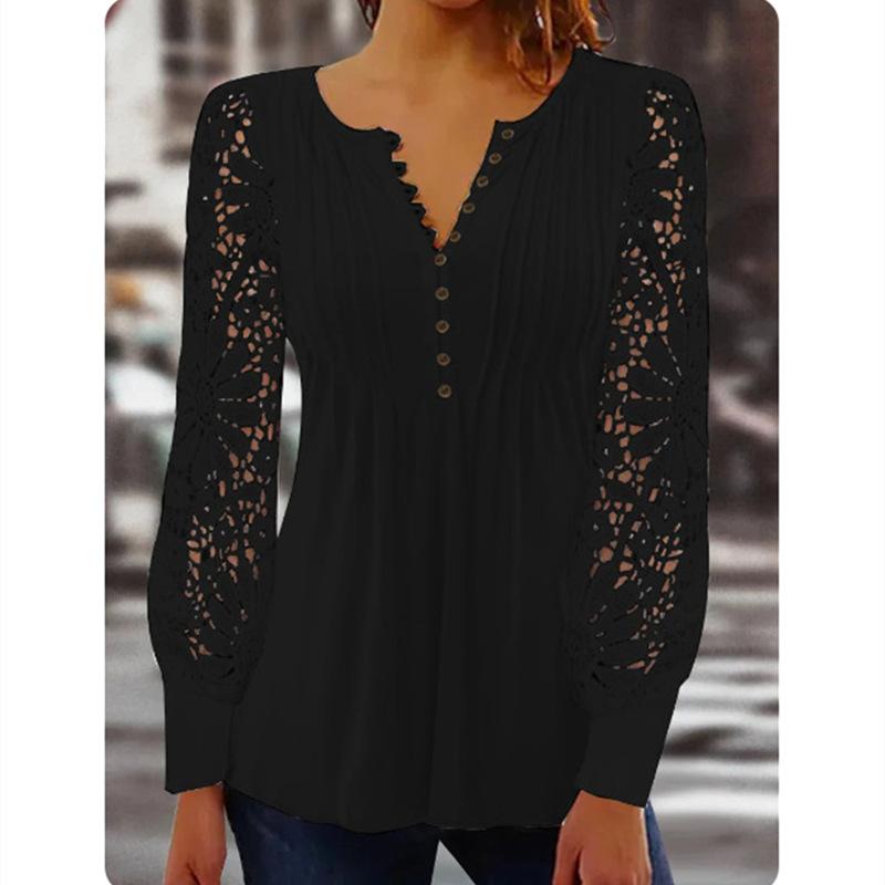 

Spring and Autumn Lace Lace-up Long-sleeved V-neck Pleated Solid-color Women s T-shirts S чорний