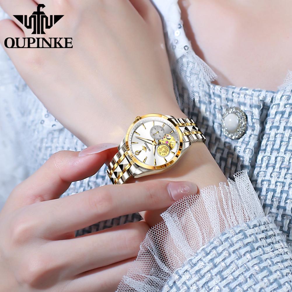 OUPINKE 3260 Watch For Women Real Diamond Waterproof Luxury Business Mechanical Hand Clock Hollow Luminous Elegant Woman Watches