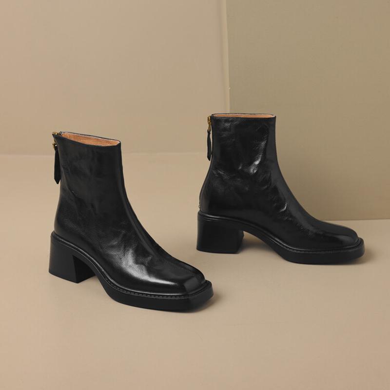 Herbst Vintage Dicke Absätze Damen Stiefeletten Mode Reißverschluss hinten Schuhe Damen Elegant Eckige Zehenpartie Modern Kurze Stiefeletten